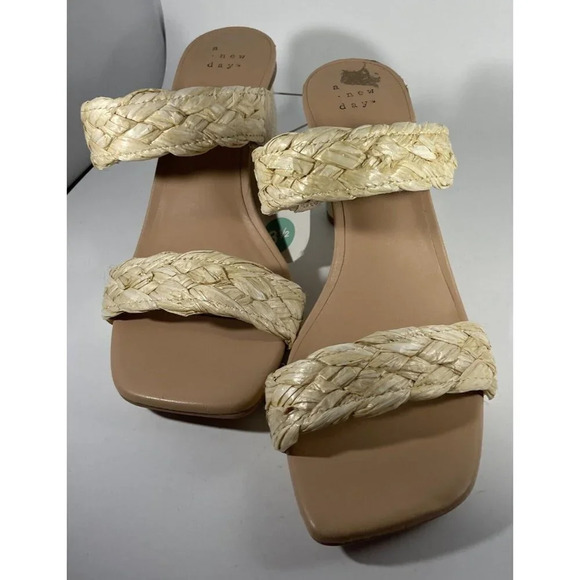 A New Day Womens Basil Sandal Heel Tan Braided Slip On High Open Toe 8.5 NWT - Picture 1 of 8